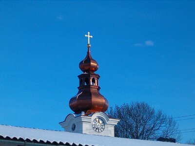 Clock tower tower cross onion dome photo