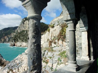 Arcade overlooking the coast rocky coast through arcades cinque terre