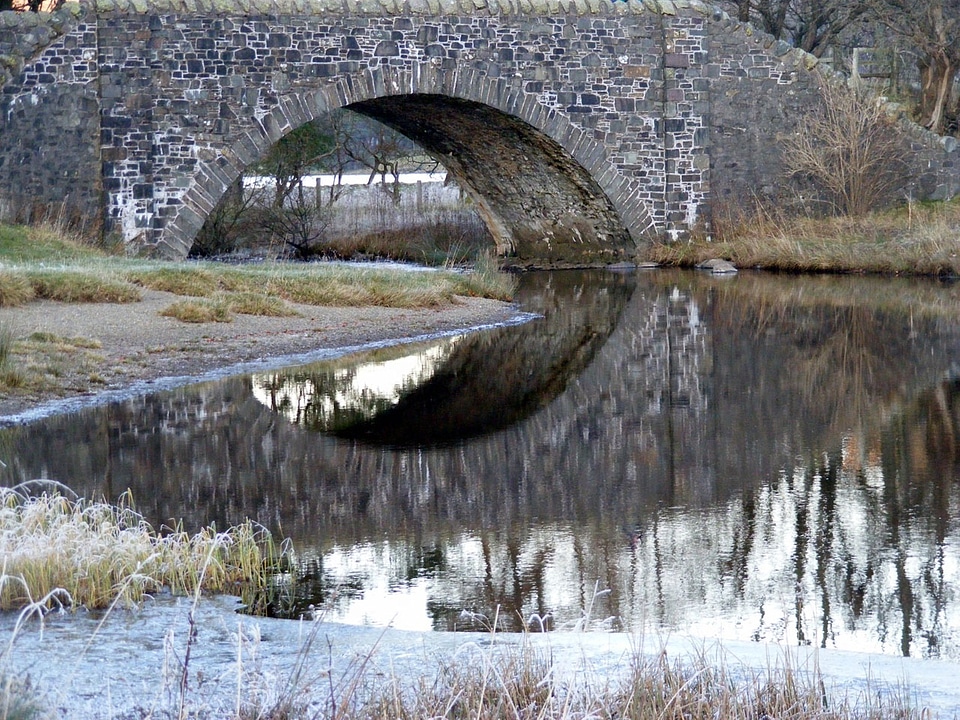 Water reeds gray bridge