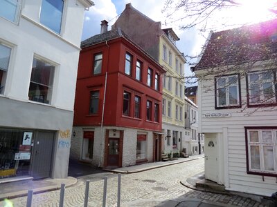 The road from bergen station nordic red house quiet bergen street photo