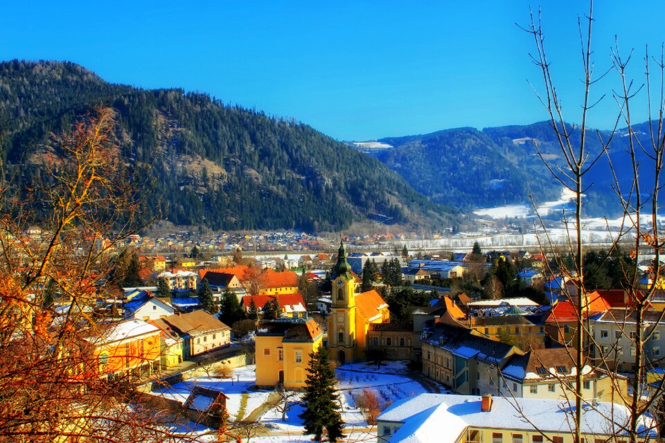 Village mountains snow