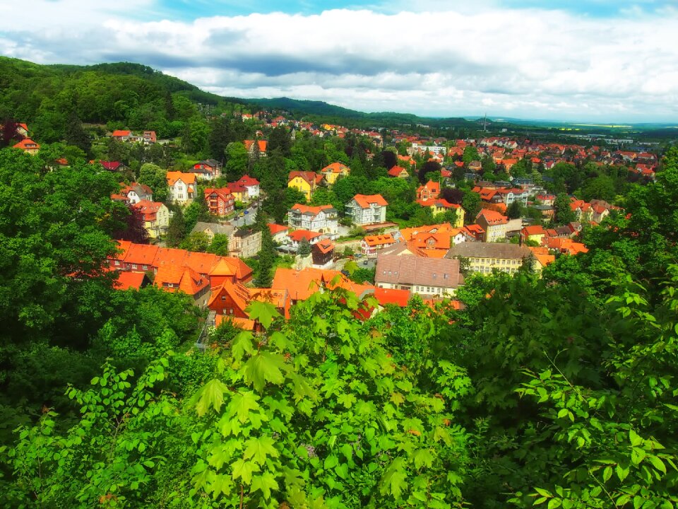 Town rooftops mountains