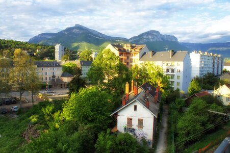 Urban buildings mountains