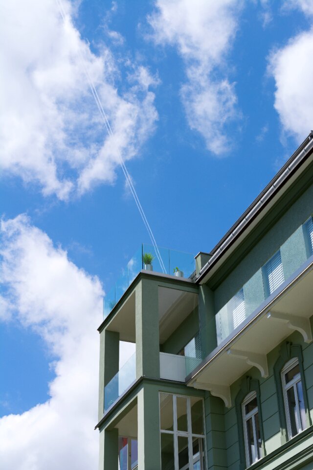 Blue glass railing