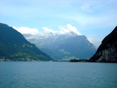 Lake mountains clouds