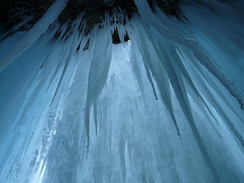 Waterfall ice curtain ice formations