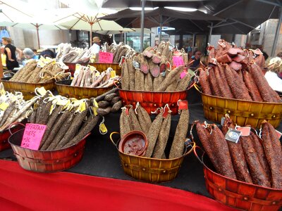 Market stall salami sale photo
