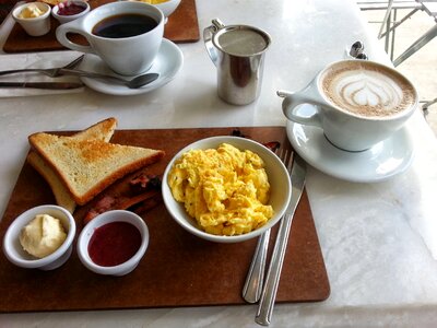 Latte eggs toast photo