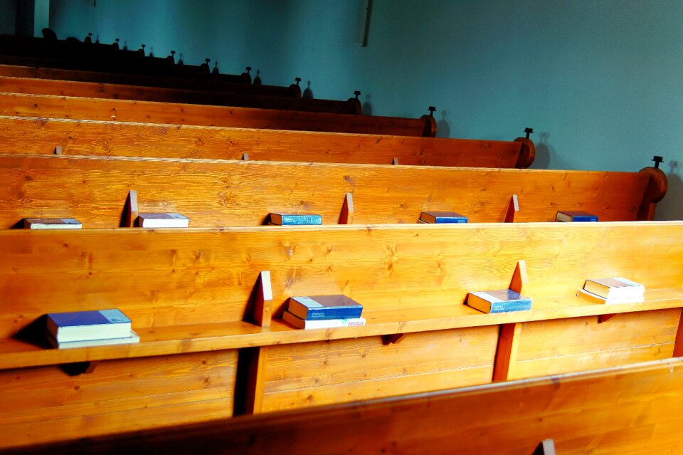 Rustic rows of benches interior