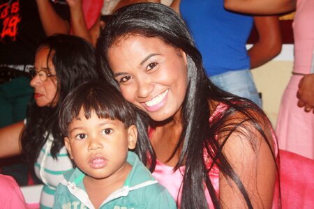 Mother son with mother smiles
