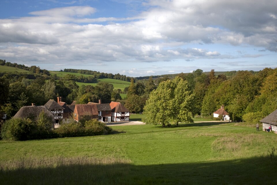 Medieval buildings parkland trees