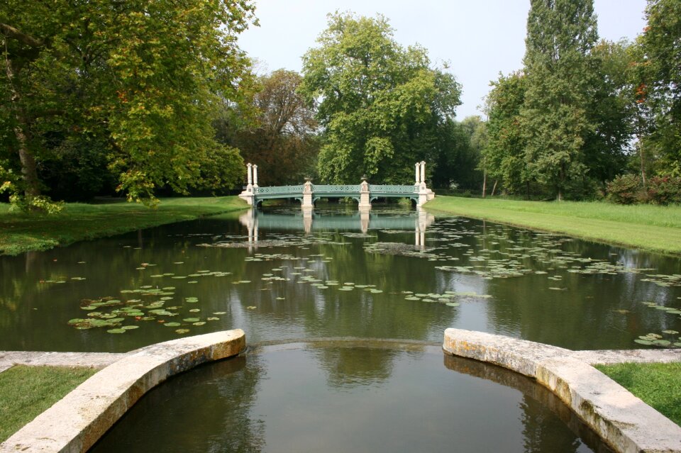 English garden lake bridge