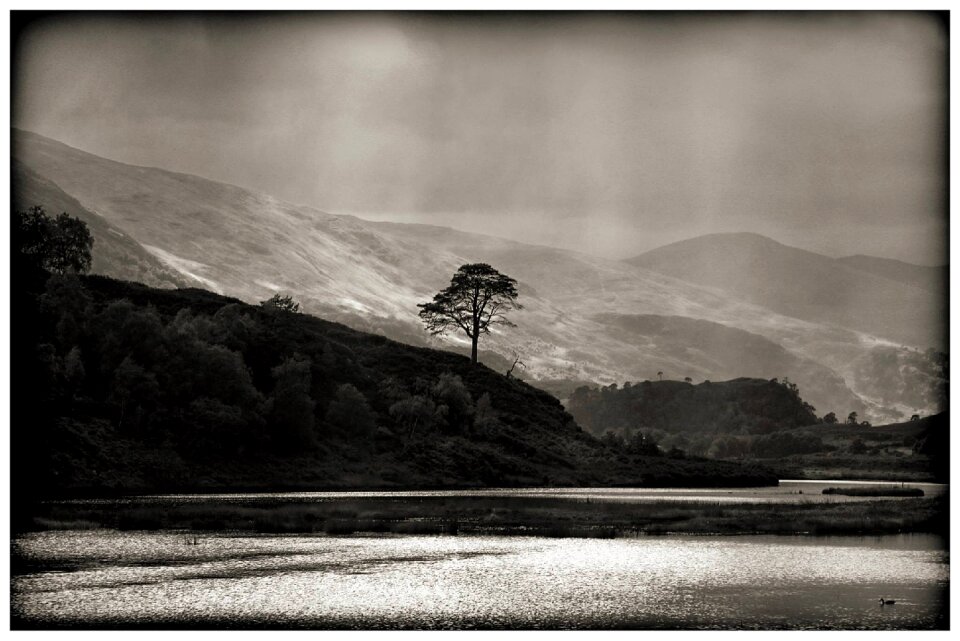 Black and white loch landscape