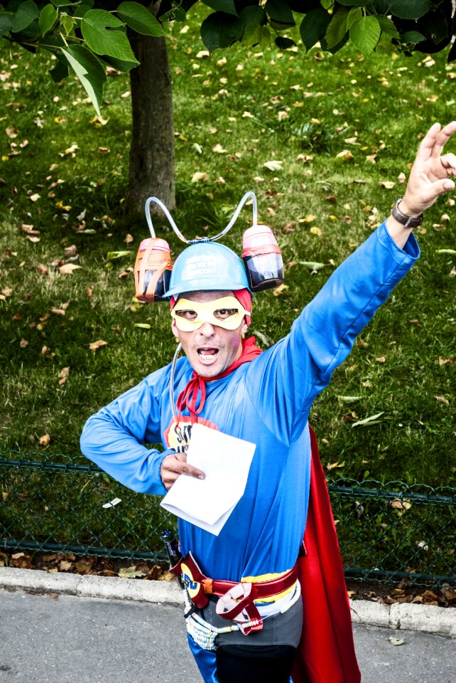 Imitation superman pose