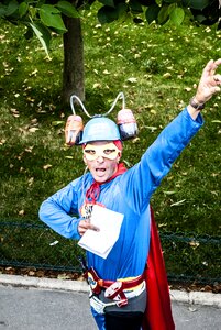 Imitation superman pose