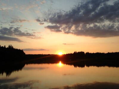 Pond summer sunset mirroring the landscape level photo