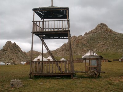 Mongolia steppe wooden tower photo