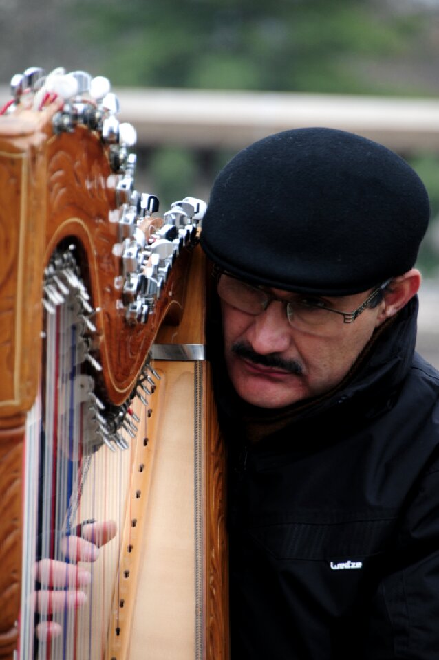 Harpist strings harp