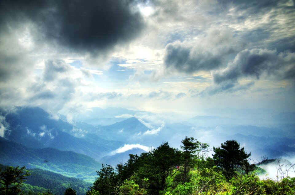 Dark clouds mountain view trees