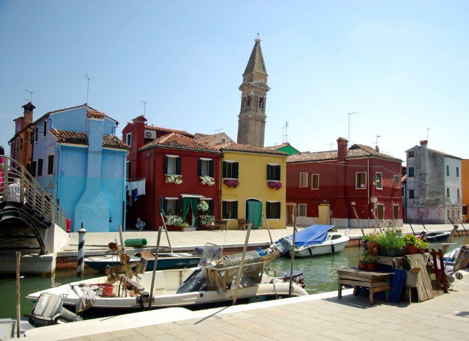 Colorful houses channel bell tower
