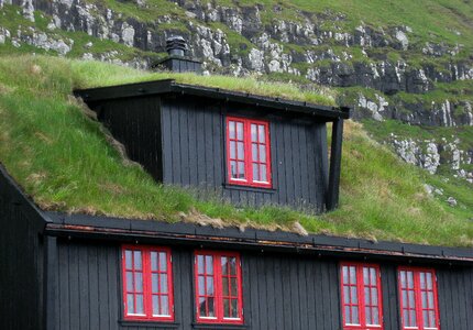 Faroes grass roof wooden house photo