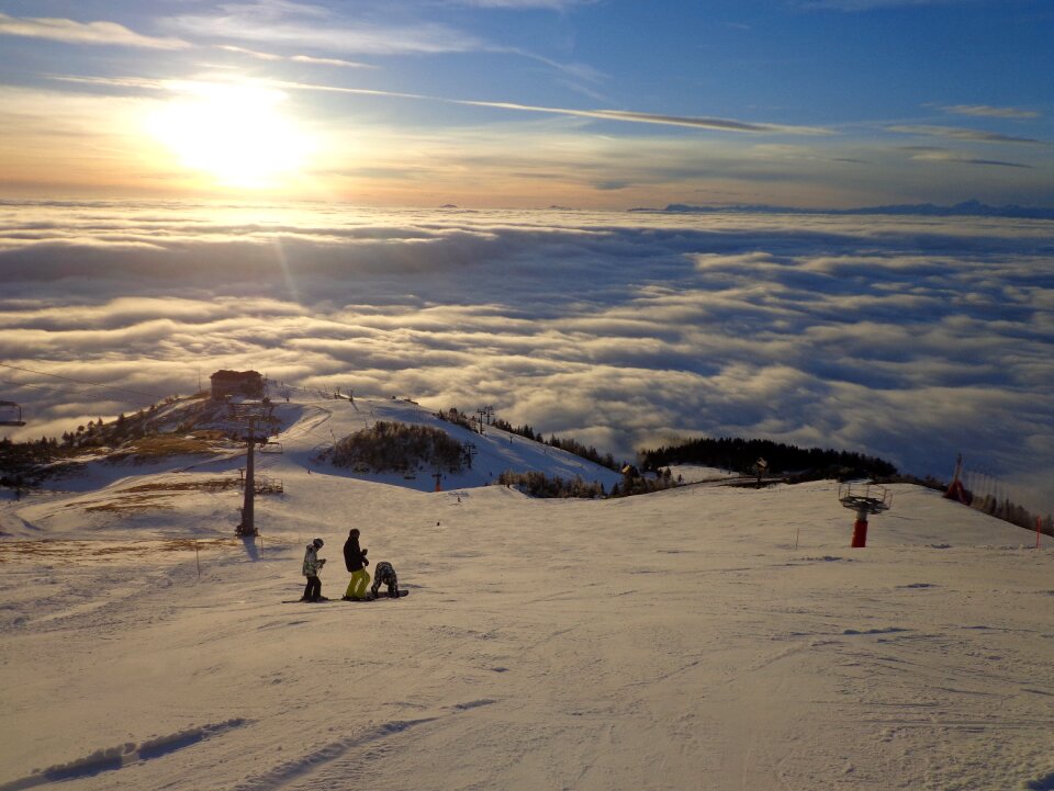 Fog ski slope sunset