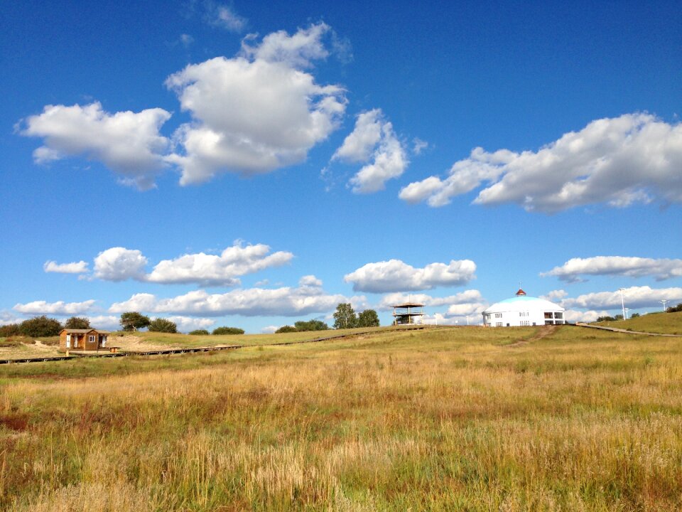 Yurts blue sky and white clouds autumn
