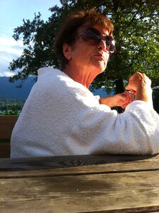 Grandma sunglasses bathrobe photo