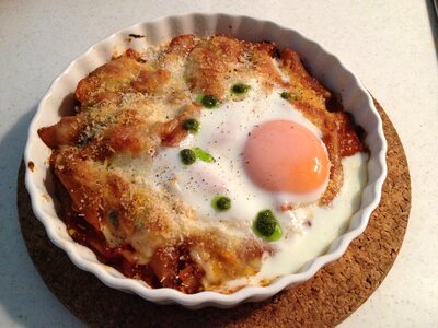 Doria lasagna fried egg photo