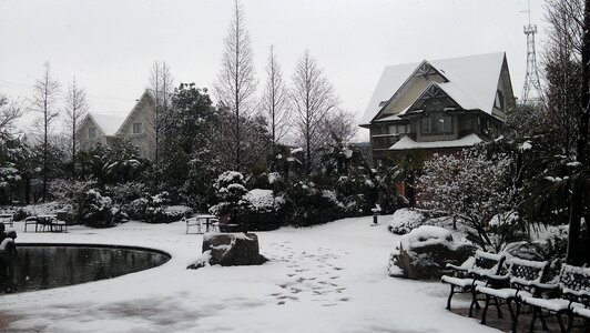 Winter snow log cabin