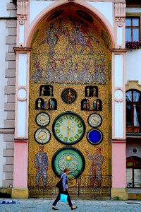 The woman walked clock tower czech central europe