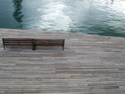 Wood bench water