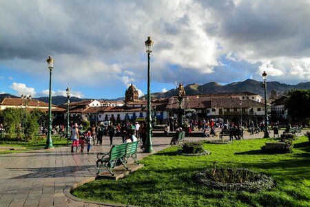 Lamp posts benches grass