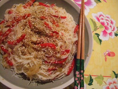 Rice noodles peppers sesame photo