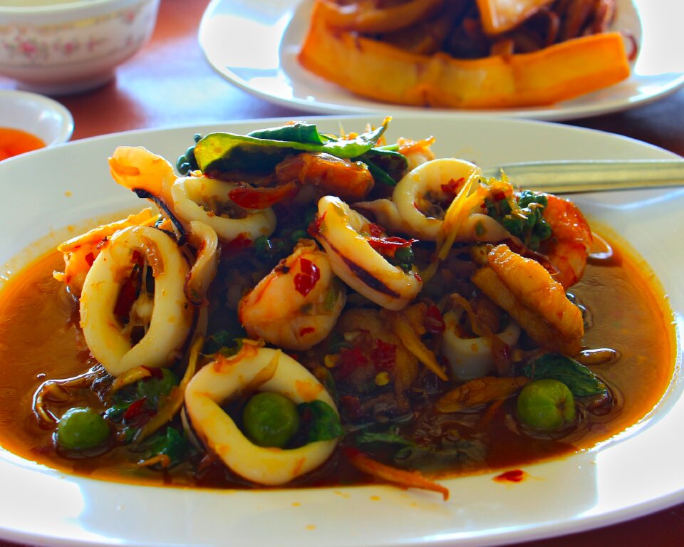 Basil fried squid puff food