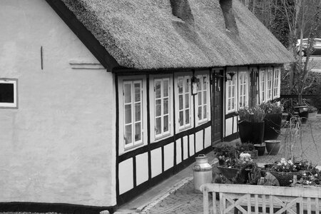 Thatched black and white timber frame