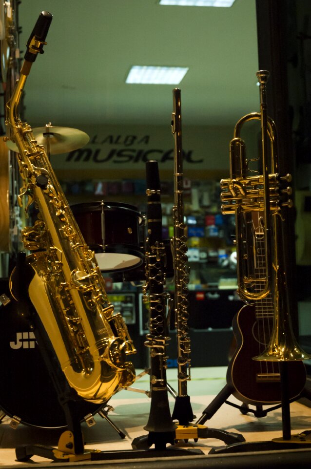 Music store saxophone showcase