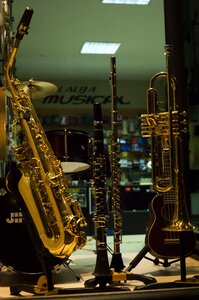 Music store saxophone showcase photo