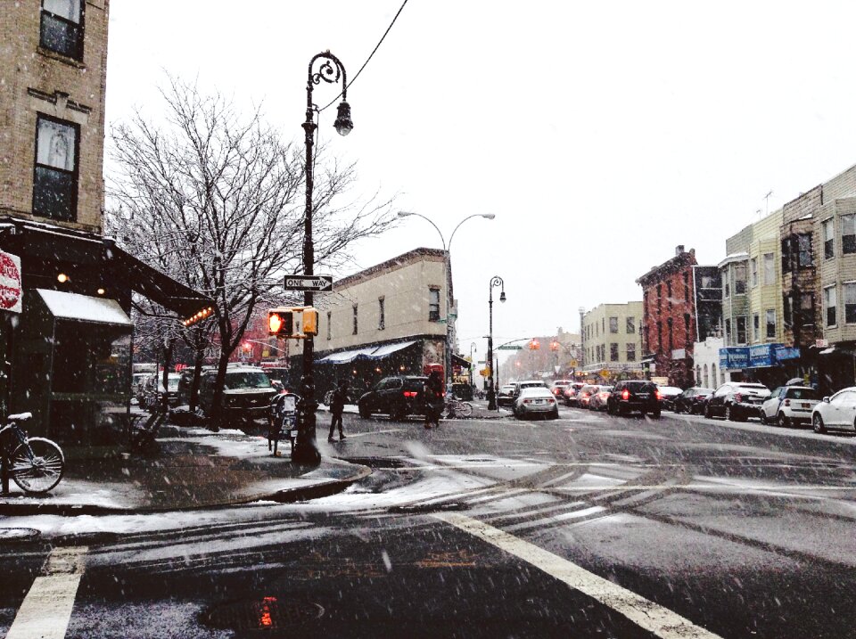 Snow falling street