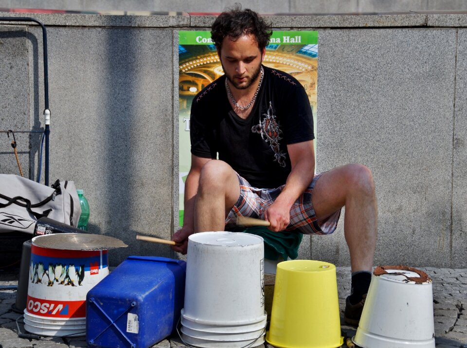 Plastic buckets beat drummer