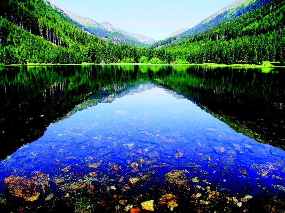 Crystal clear alpine lake refreshment photo