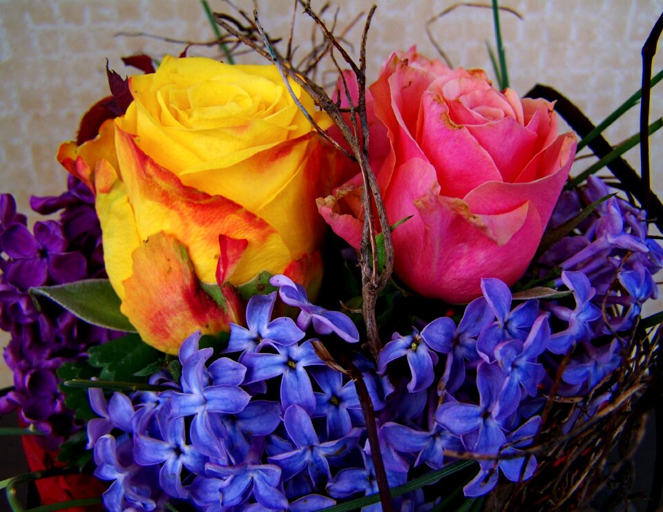 Colorful bouquet yellow and pink roses blue hyacinth