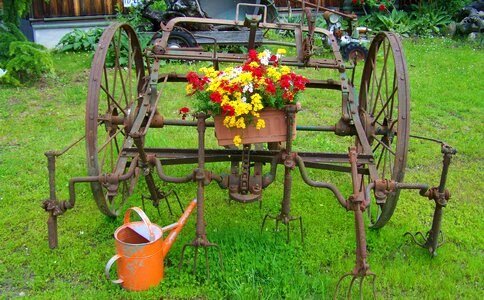 Old farm tool iron garden decor old watering cans photo