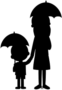 Kid and mum under two umbrellas