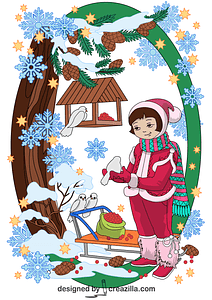 Girl Feeding Birds in Winter Card