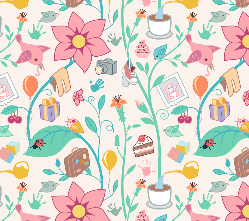 Baby, Flower, Insect and Bird Seamless Pattern