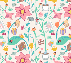 Baby, Flower, Insect and Bird Seamless Pattern