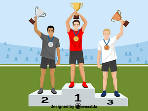 Trophy, medals and podium for 3 winners
