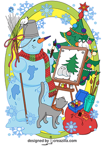 Snowman Painting a Christmas Tree Background Card