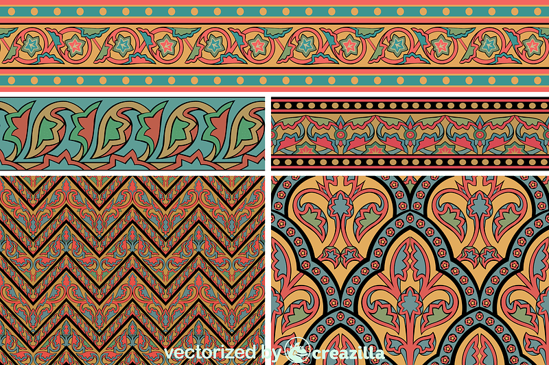 Diaper patterns and borders in rich colours upon gold grounds